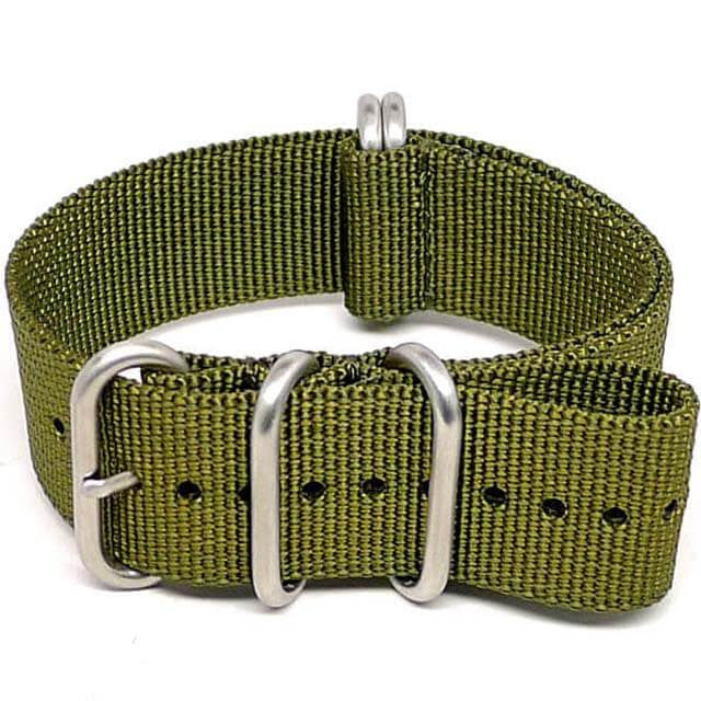 Olive Ballistic Nylon Military Watch Strap With A Matte Silver Buckle By DaLuca Straps.