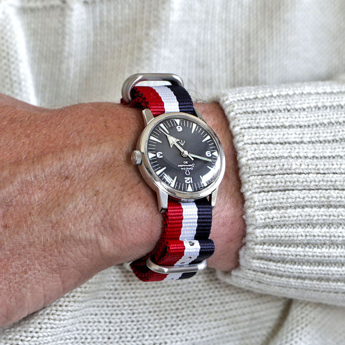 Red White And Blue Ballistic Nylon Military Watch Strap With A Matte Silver Buckle By DaLuca Straps.