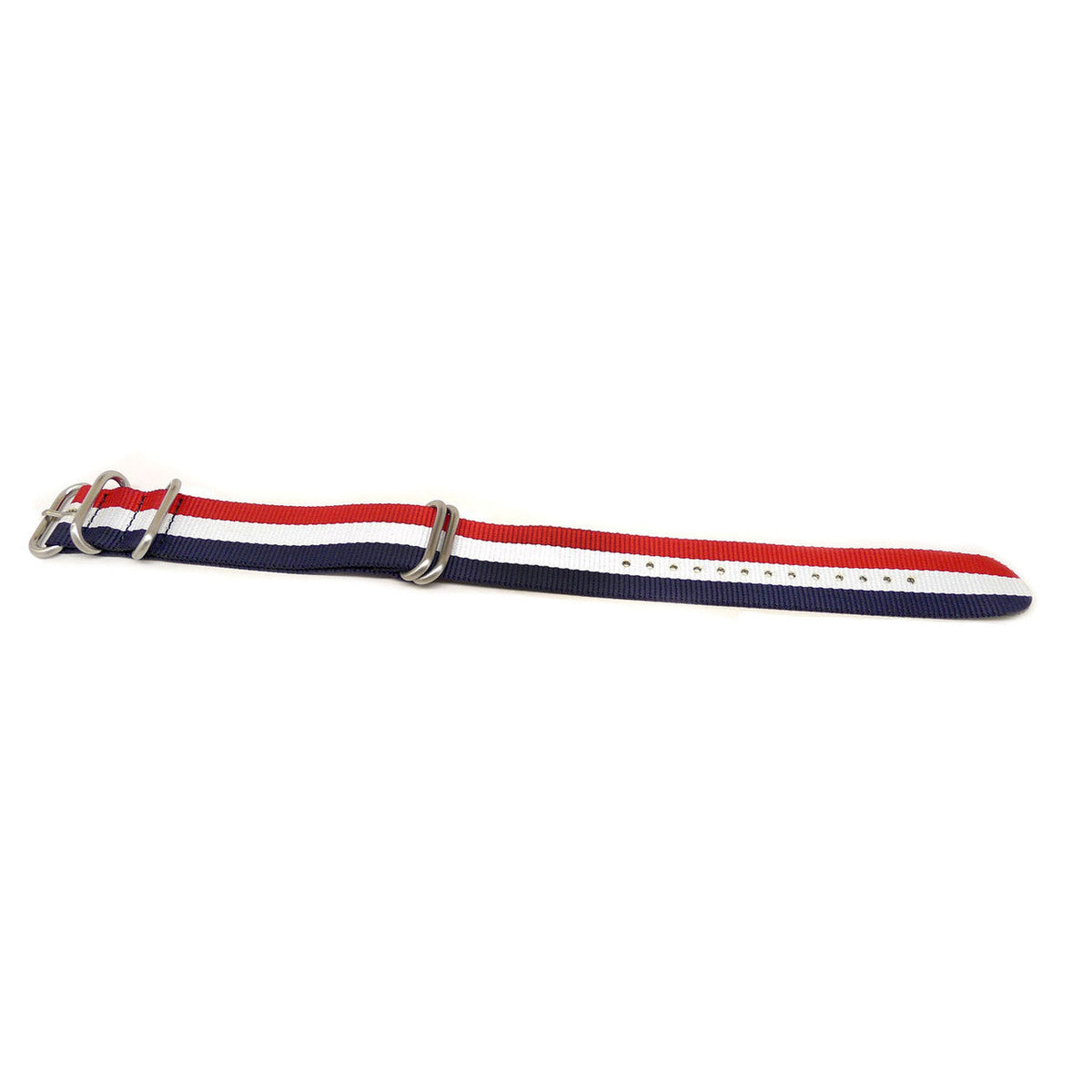 Red White And Blue Ballistic Nylon Military Watch Strap With A Matte Silver Buckle By DaLuca Straps.