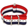 Red White And Blue Ballistic Nylon Military Watch Strap With A Matte Silver Buckle By DaLuca Straps.