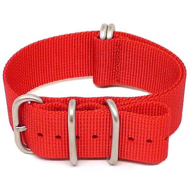 Red Ballistic Nylon Military Watch Strap With A Matte Silver Buckle By DaLuca Straps.