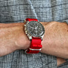Red Ballistic Nylon Military Watch Strap With A Matte Silver Buckle By DaLuca Straps.