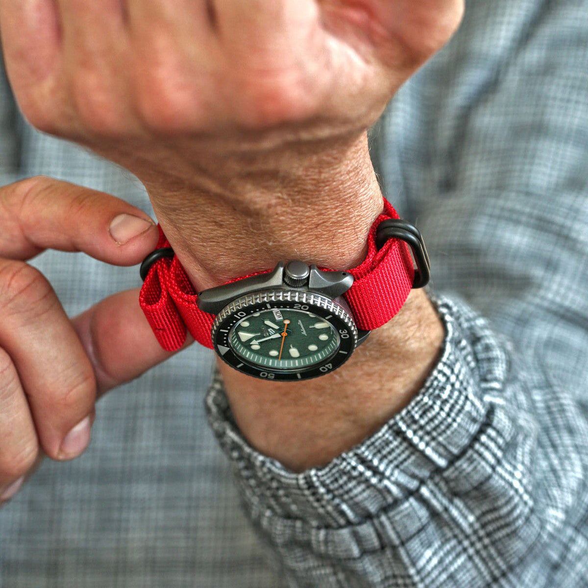 Red Ballistic Nylon Military Watch Strap With A PVD Buckle By DaLuca Straps.