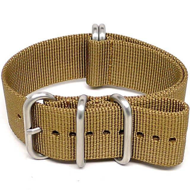 Sand Ballistic Nylon Military Watch Strap With A Matte Silver Buckle By DaLuca Straps.