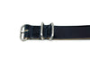 Side View Of A Horween Shell Cordovan Leather Watch Strap In Navy Blue Matte Silver Buckle By DaLuca Straps.
