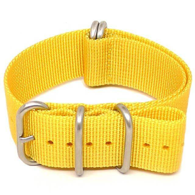 Yellow Ballistic Nylon Military Watch Strap With A Matte Silver Buckle By DaLuca Straps.