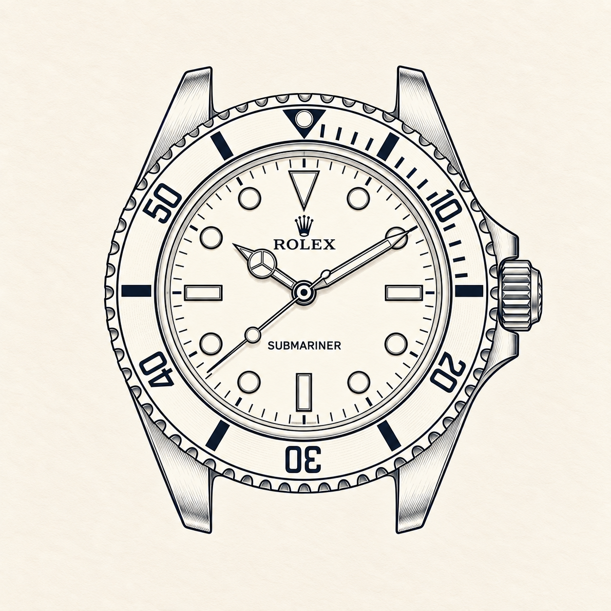 Rolex Submariner 錶頭的編輯風格線條插圖
